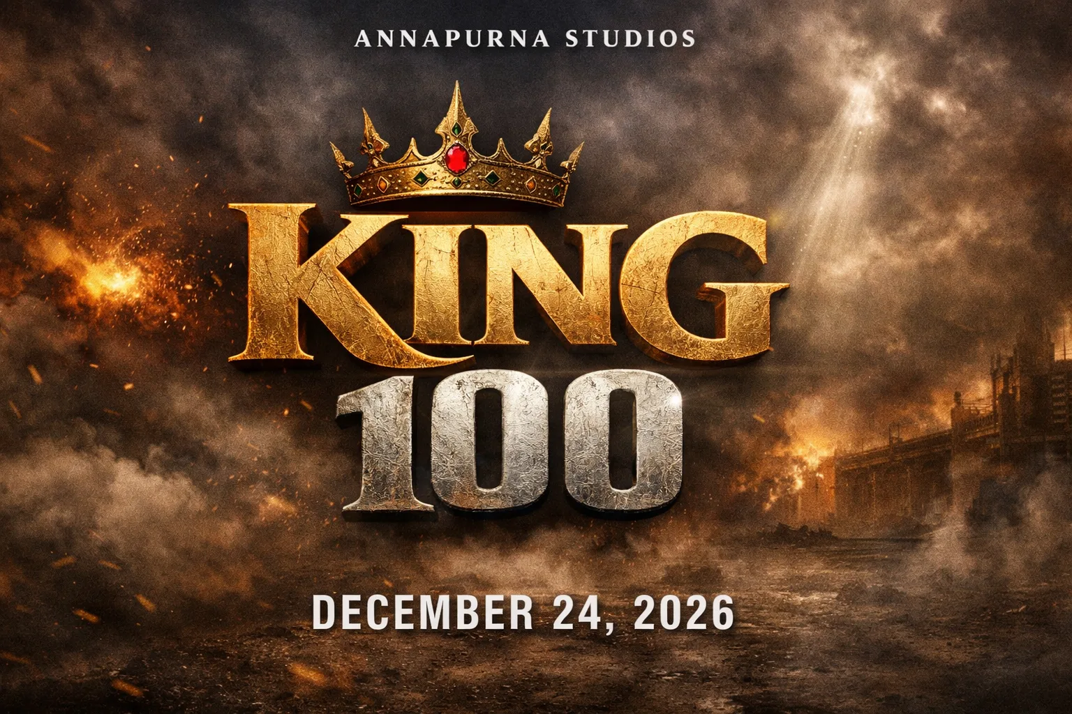Promotional artwork for the Telugu film King 100, showing the film title against a dramatic cinematic background.