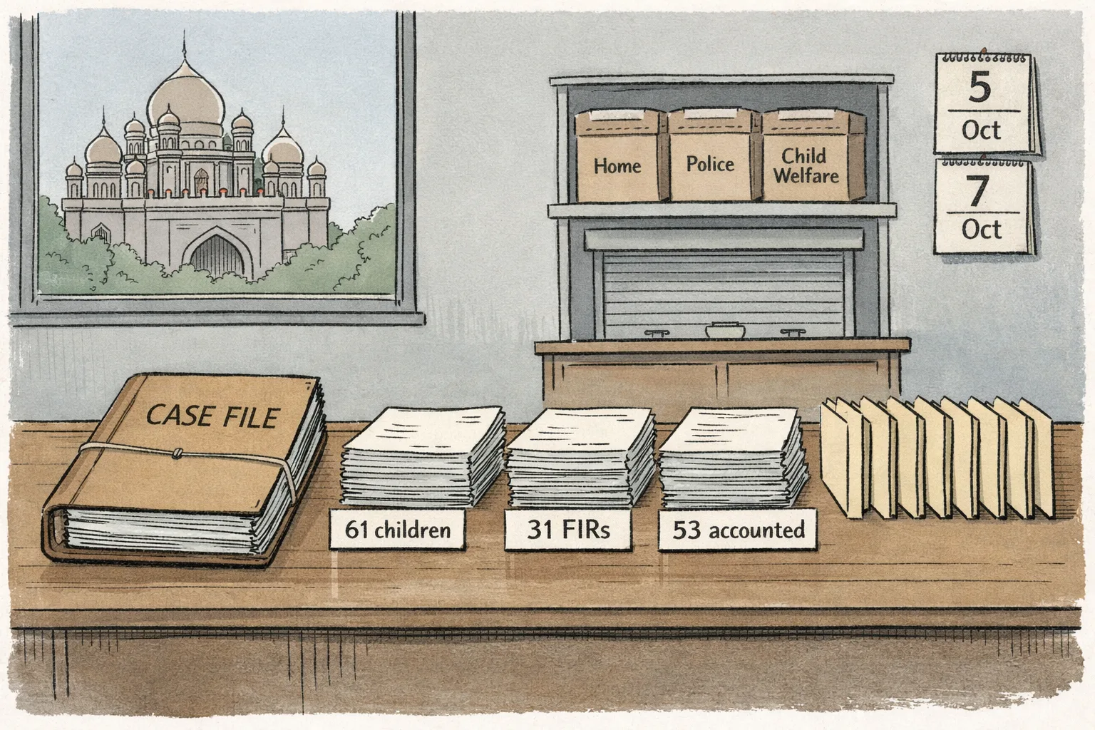 A sober illustration of a government case file showing figures for 61 children and 31 FIRs beside stacks marked 53 accounted for, with eight empty file slots and a Telangana institutional building in the background.
