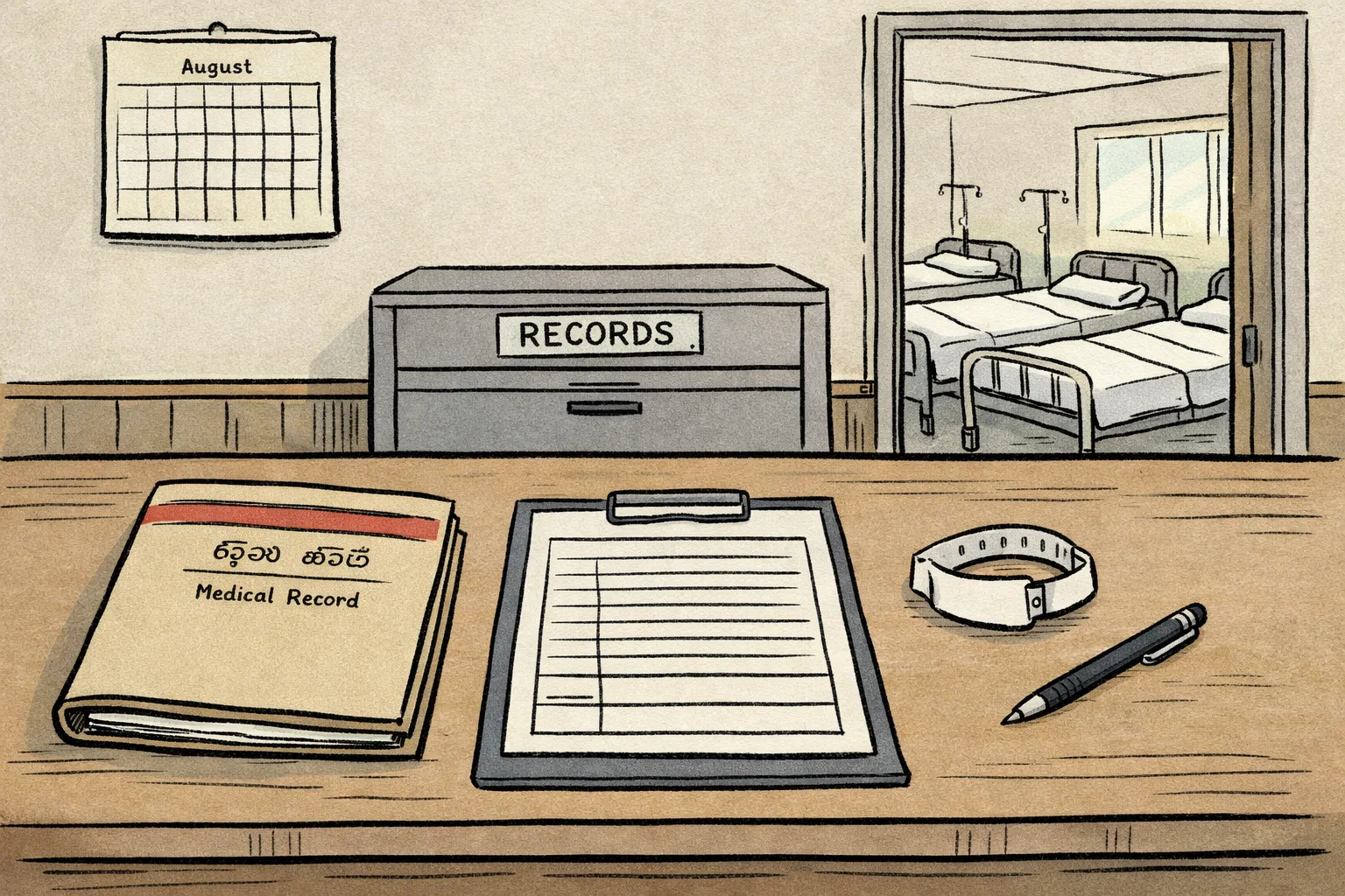 A closed medical file sits on a records-office desk beside a blank form and wristband, while three empty hospital beds are visible through a doorway.