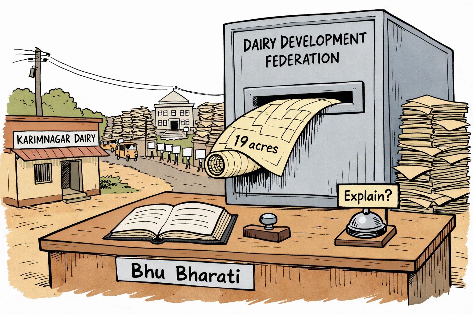 A giant Telangana land-record file marked ‘Bhu Bharati’ sits on a desk between a dairy building and the Karimnagar Collectorate, while farmers hold a rope labelled ‘19 acres’ that disappears into a locked filing cabinet marked ‘Federation’.
