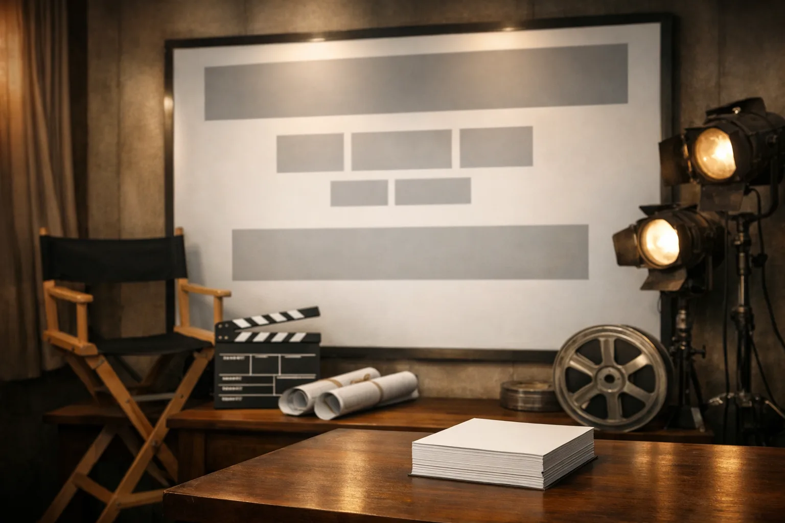 A film-production desk with blank announcement cards, a clapperboard, storyboards and a reel in front of an empty cinema announcement board.