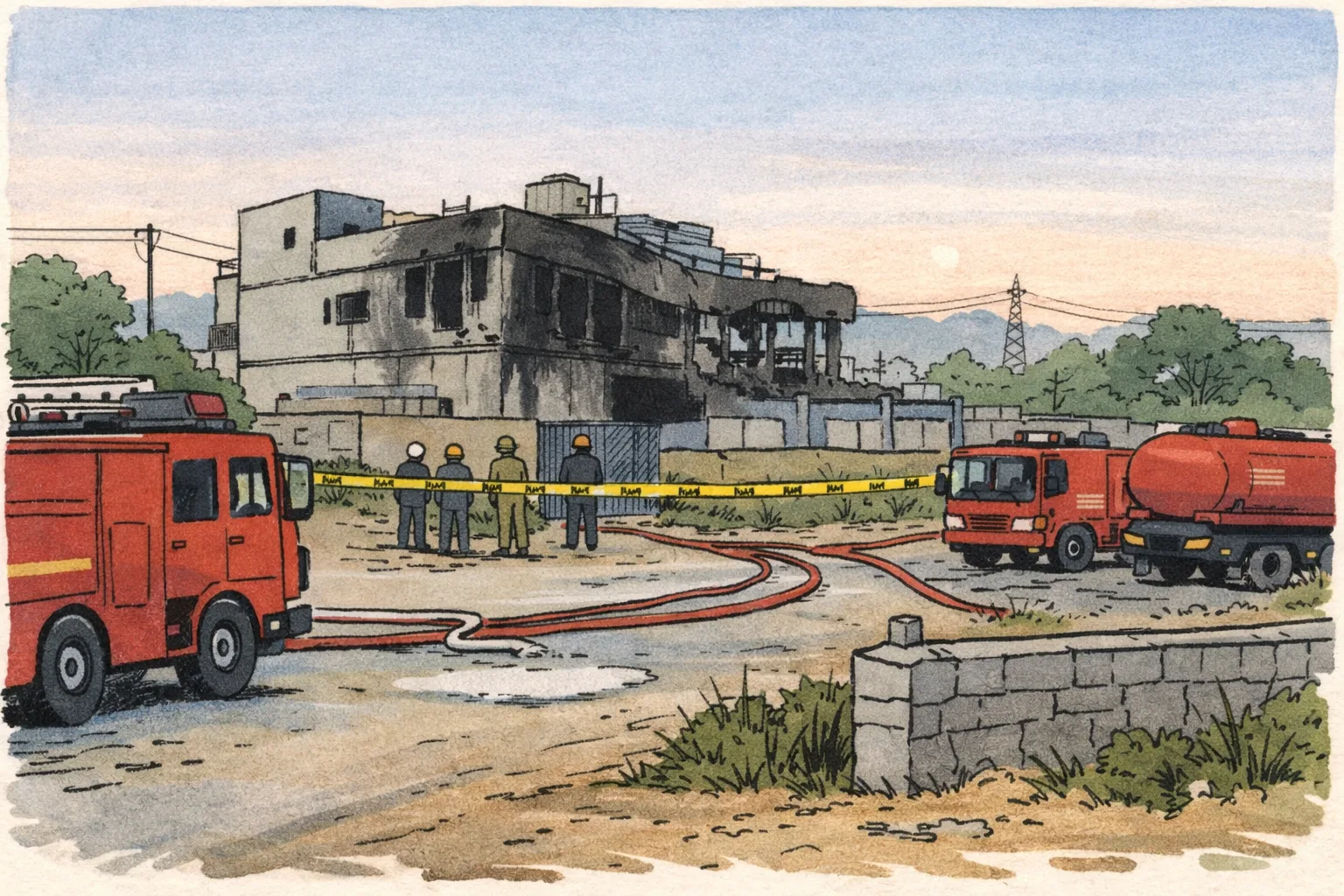 A cordoned industrial laboratory compound in rural Telangana shows a damaged reactor-room section, fire-service vehicles and hoses, with responders in the distance.