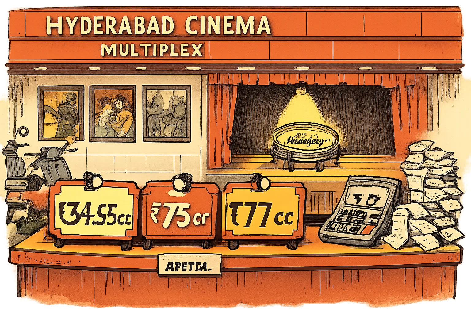 Three oversized cinema ticket stubs displaying different opening-day box-office totals sit under spotlights outside a Hyderabad cinema, while a film reel waits on a small stage beside a calculator and receipts.