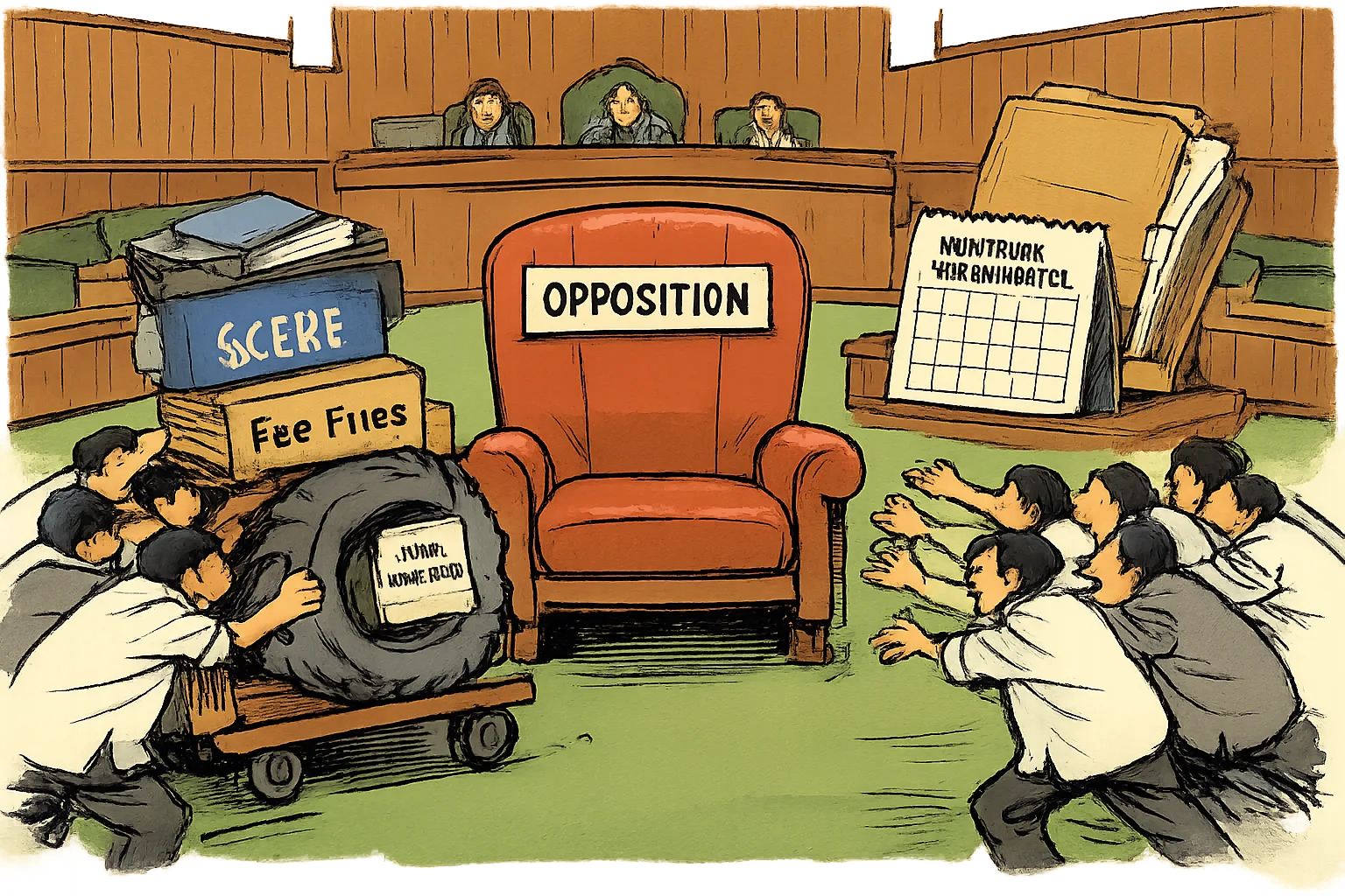An empty chair marked Opposition sits in a Telangana Assembly-style chamber while rival political groups push campaign materials including a textbook, fee files and a crop-insurance document toward it.