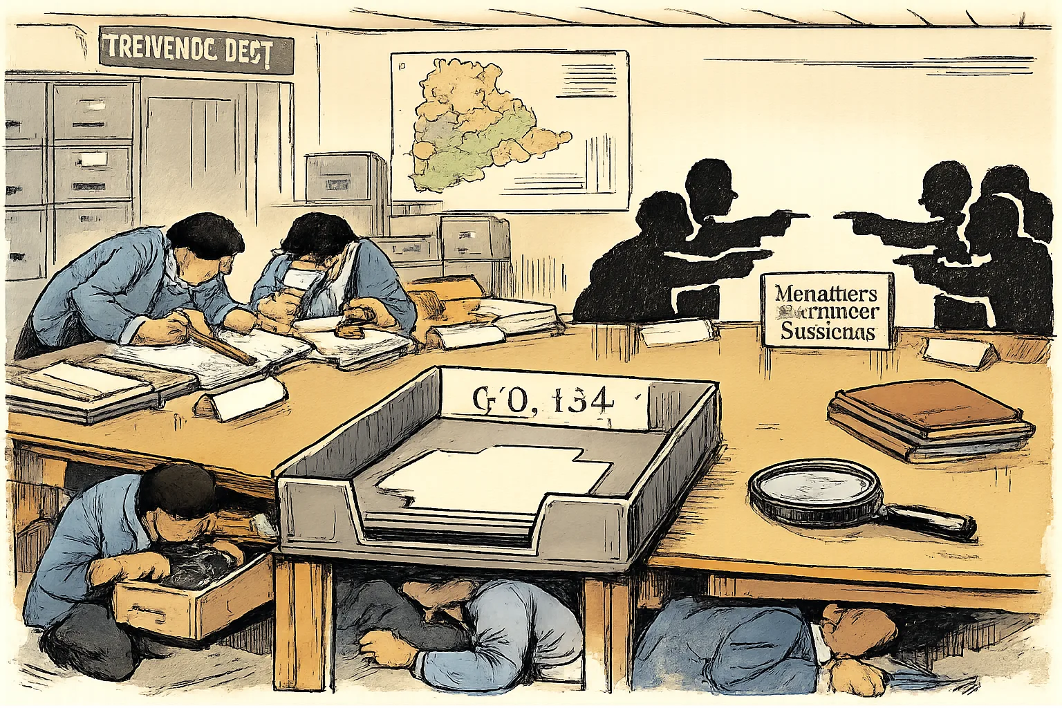 Anonymous officials and political figures search around an empty file tray marked “G.O. 134” in a Telangana government office, with land maps, registers and a sign mentioning 16 matters and five districts.
