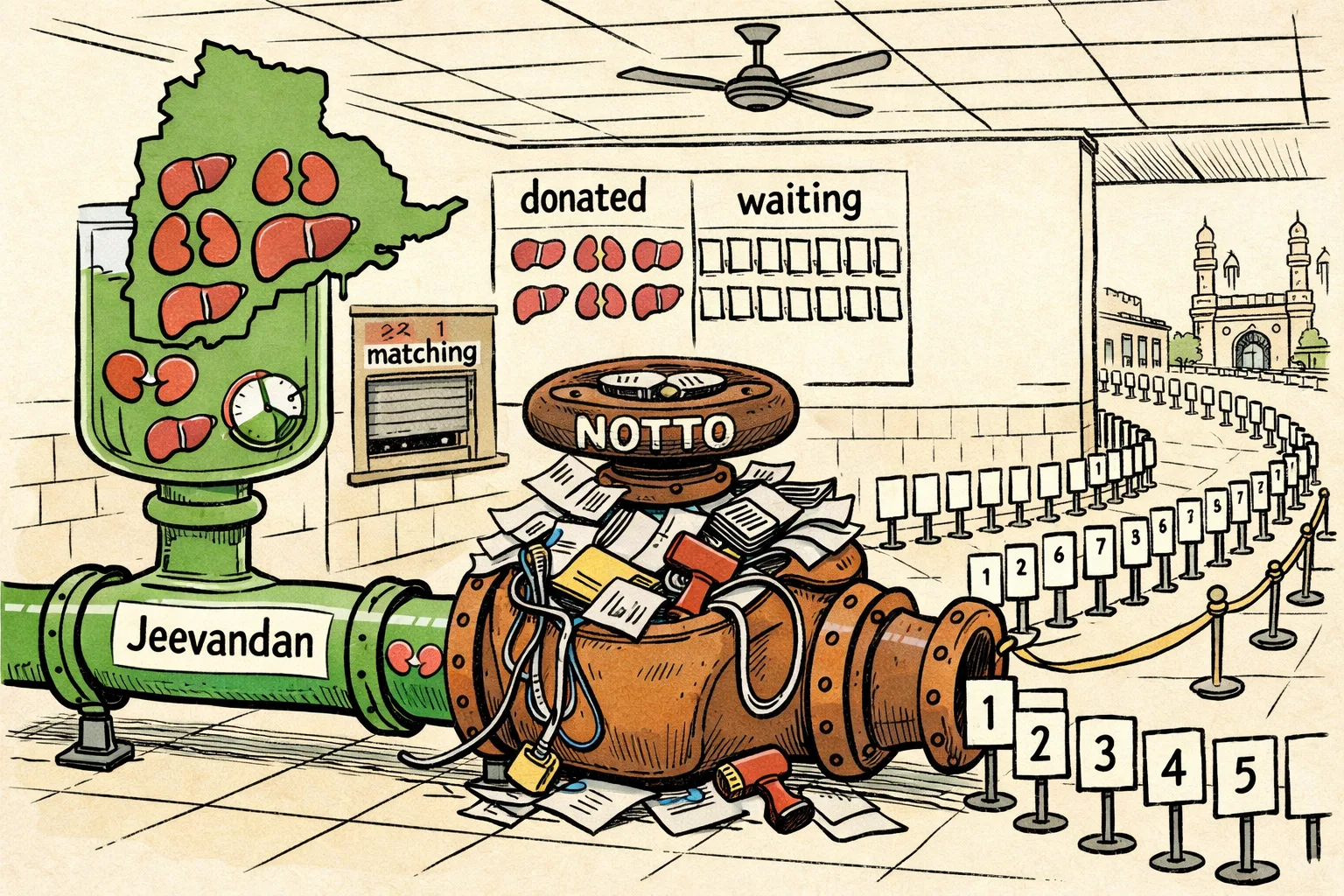 A large Telangana organ-donation pipeline feeds a small transplant counter, while a long line of patient-shaped waiting tokens stretches outside beneath a government dashboard showing mismatched numbers.