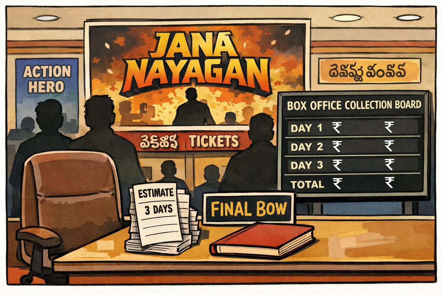 A cinema ticket counter in Telangana displays a large film poster marked “FINAL BOW”, while a trade-estimate scoreboard shows rupee figures on loose slips and an auditor’s empty chair sits nearby.