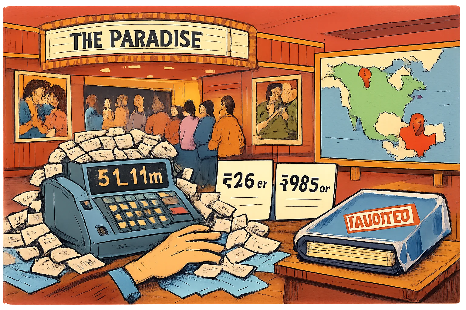 A cartoon cinema lobby shows overflowing ticket stubs feeding an oversized machine marked $1.11m, conflicting rupee totals on paper slips, and an unopened audited ledger nearby.