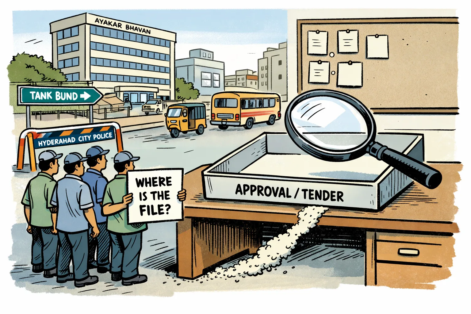 Sanitation workers stand beside a Swachh Auto near a Hyderabad street as a police barricade points towards Tank Bund, while a magnifying glass searches an empty government file tray marked approval and tender.