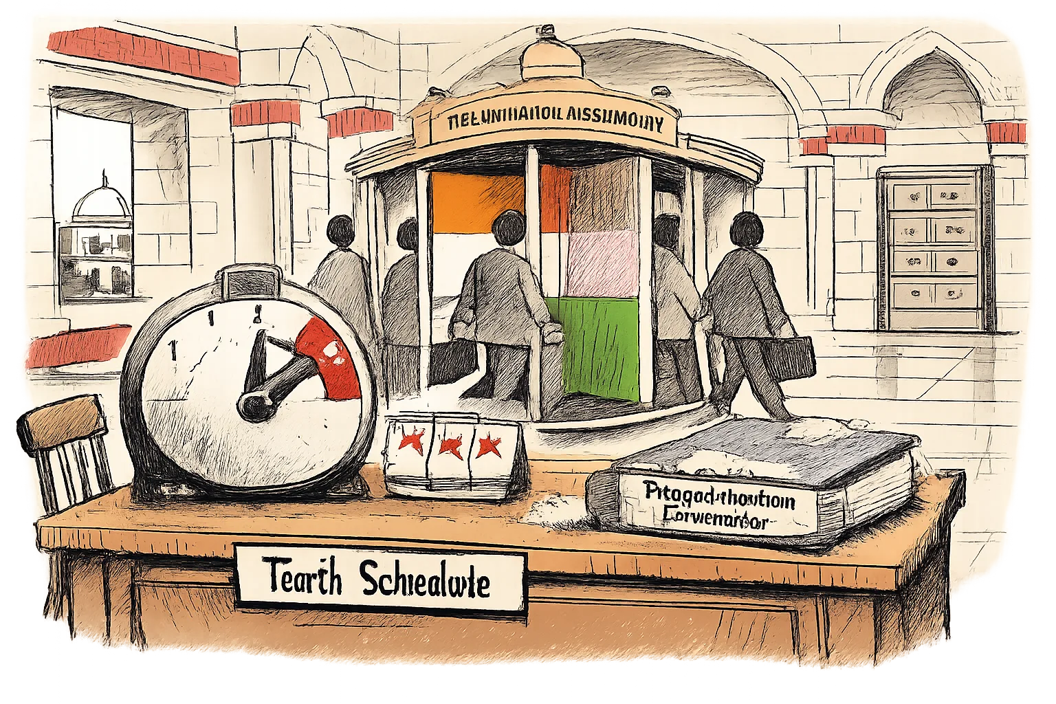 A dusty desk marked Tenth Schedule holds a stalled three-month timer and an overdue disqualification file, while anonymous figures pass through a revolving Assembly-shaped door in changing plain-colour clothing.