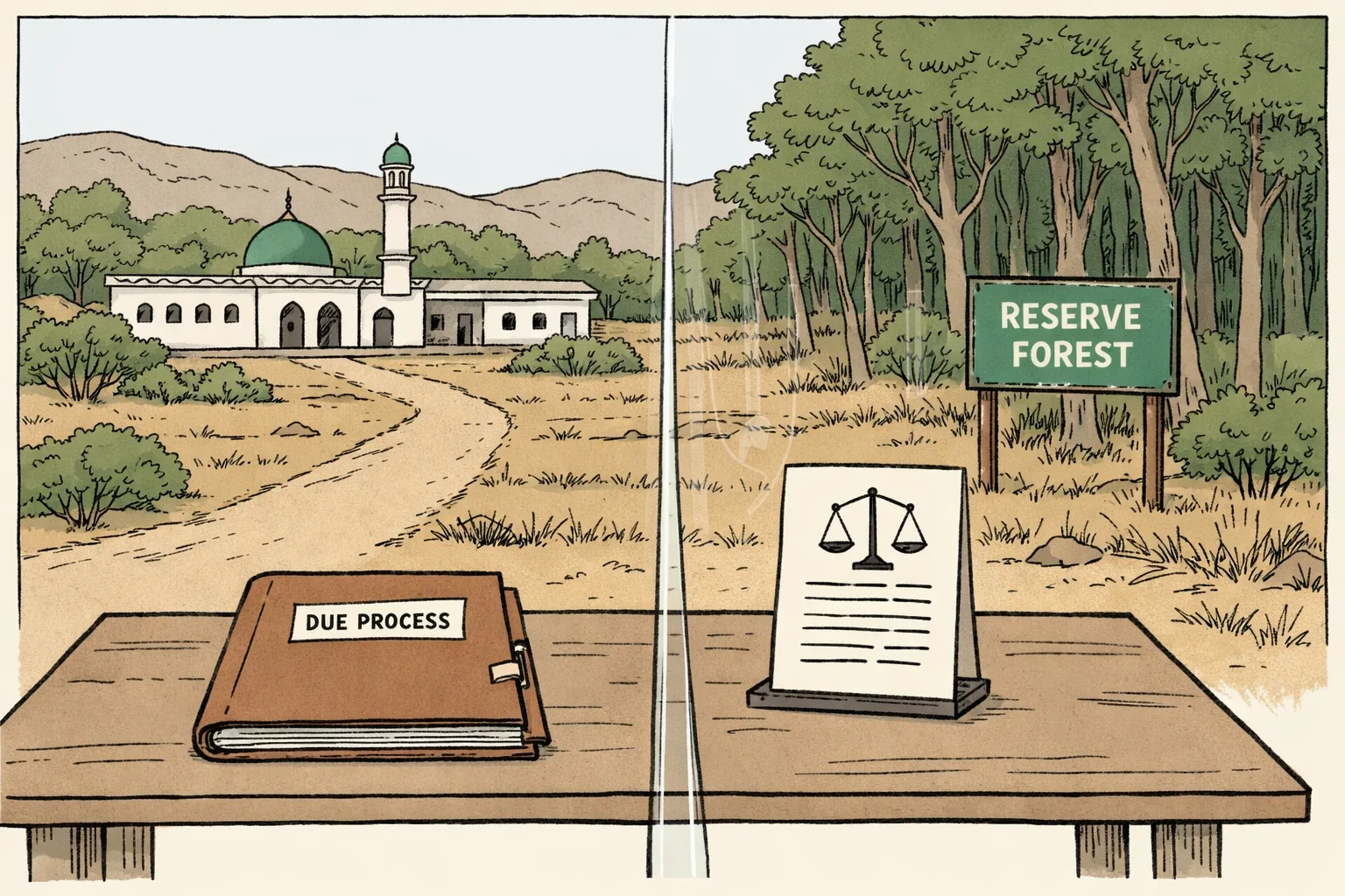 A modest mosque and madrasa sit beside forest trees in Ananthagiri Hills, separated by a clear boundary line, with a court file and a forest notice board in the foreground.