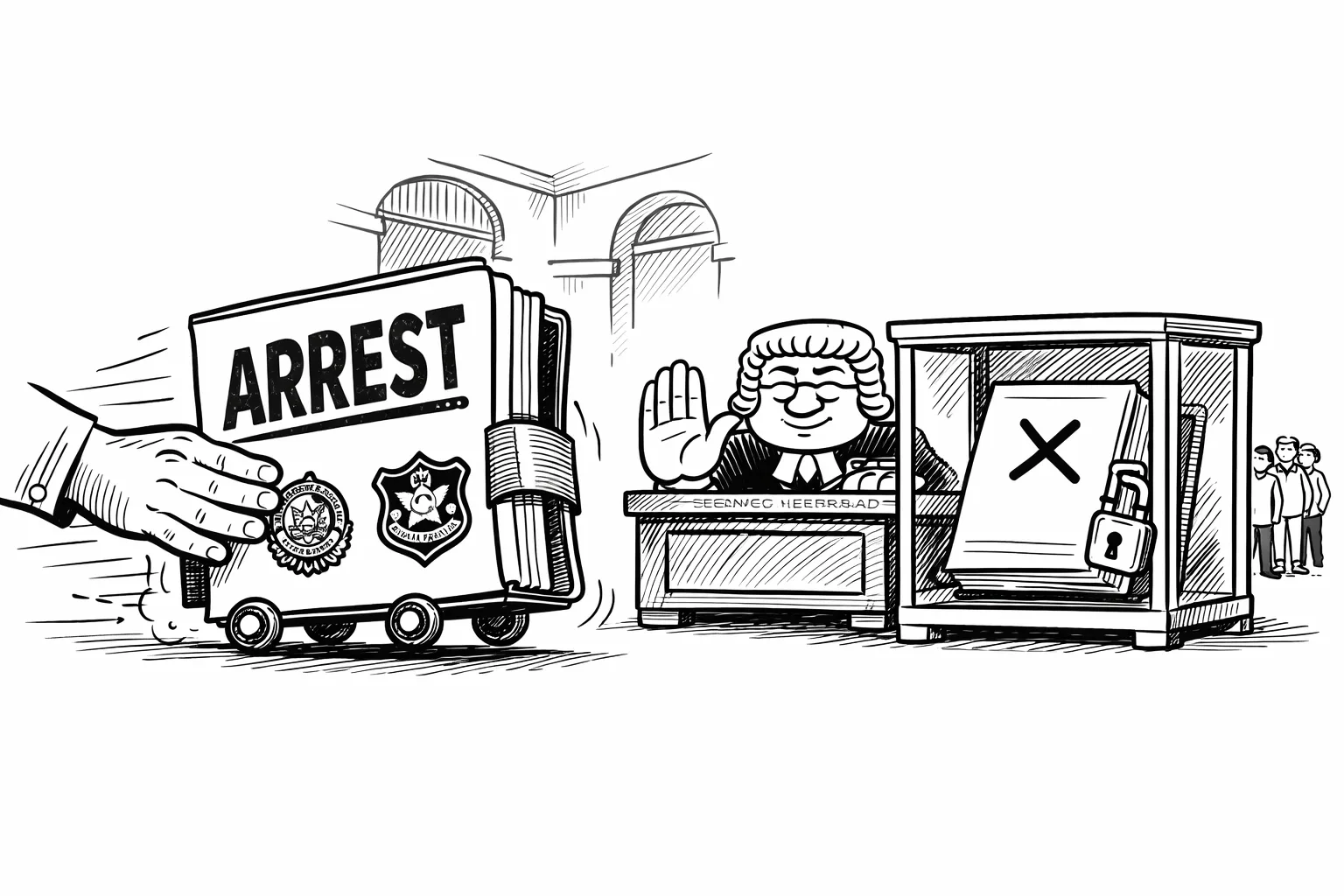 A giant arrest file stamped “ARREST” rolls forward under a police hand while a court bench stops it; blank legal documents remain locked in a glass cupboard and a small public queue waits outside.
