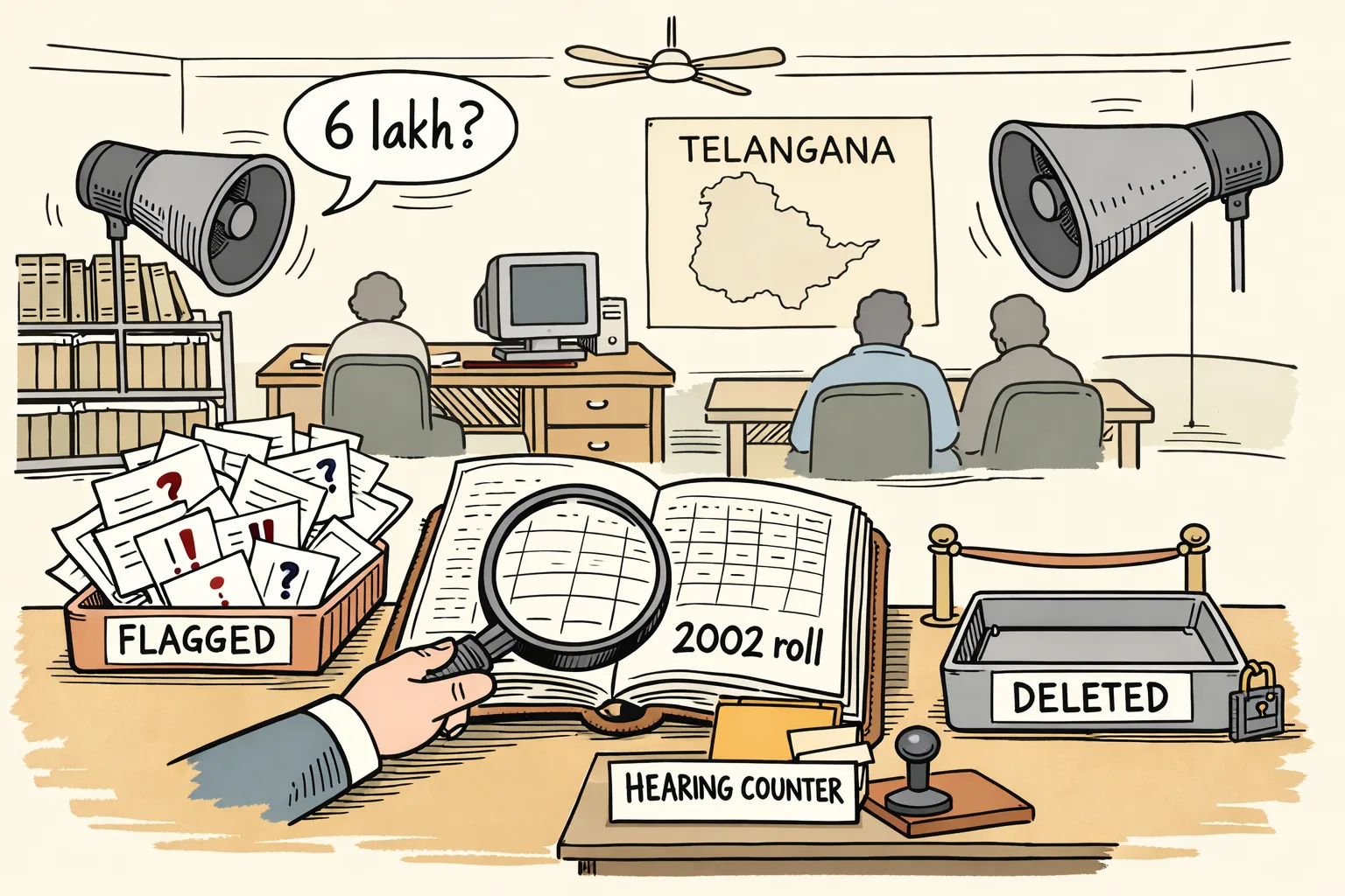 A Telangana election office desk holds a large file marked “2002 roll”, a magnifying glass, and a stack of anomaly notices; a red stamp reading “FLAGGED” sits beside a separate blank “DELETED” box, while speech bubbles from two oversized loudspeakers compete in the background.