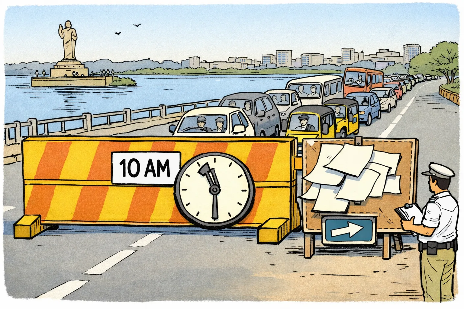 A cartoon of a barricaded Tank Bund road beside Hussain Sagar, with a clock past 10 am, extension slips on a noticeboard and a long queue of cars, autos and buses waiting behind it.