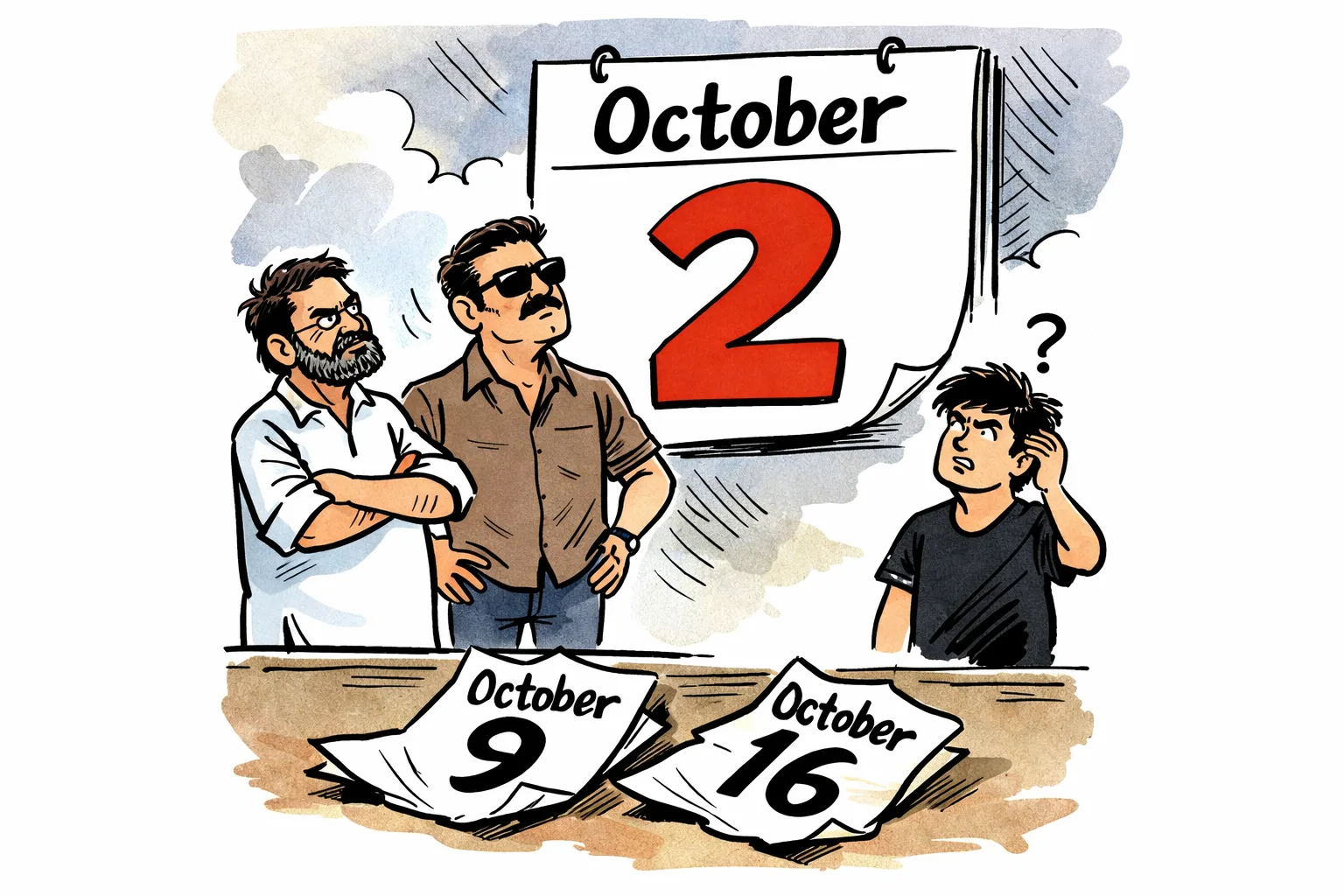 A cinema display for Aadarsha Kutumbam House No: 47 – AK47 shows October 2 while loose calendar pages marked October 9 and October 16 sit in the foreground.