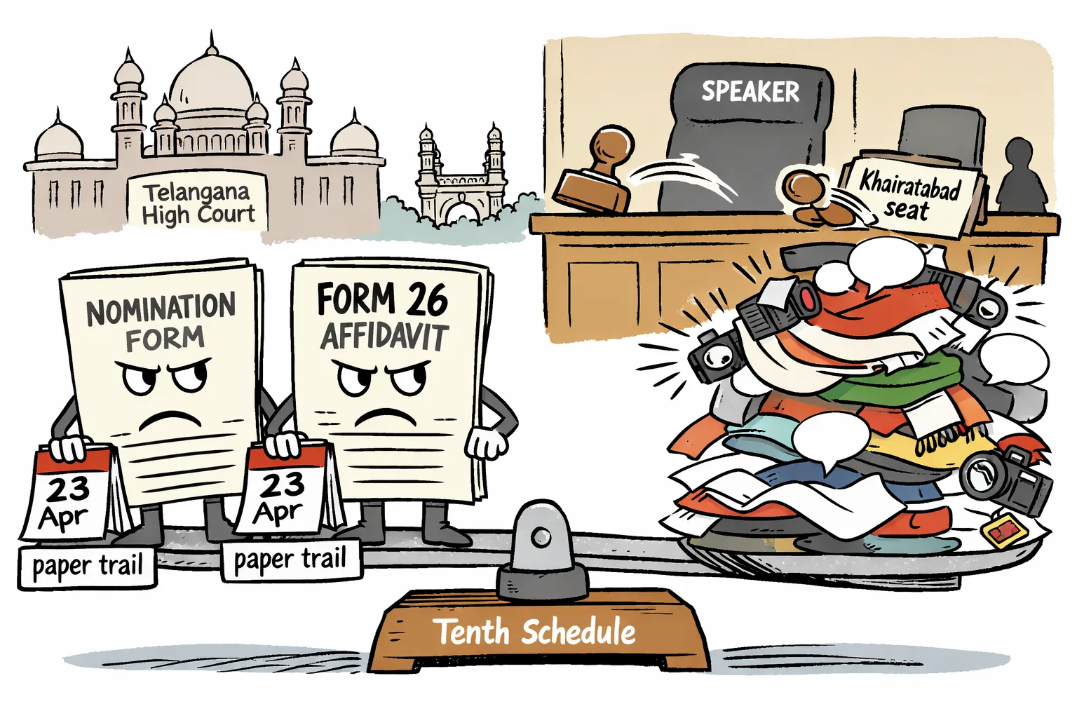 Oversized nomination papers dated 23 April outweigh political photo-op props on a scale marked Tenth Schedule, beside an empty MLA chair and a Telangana court file.