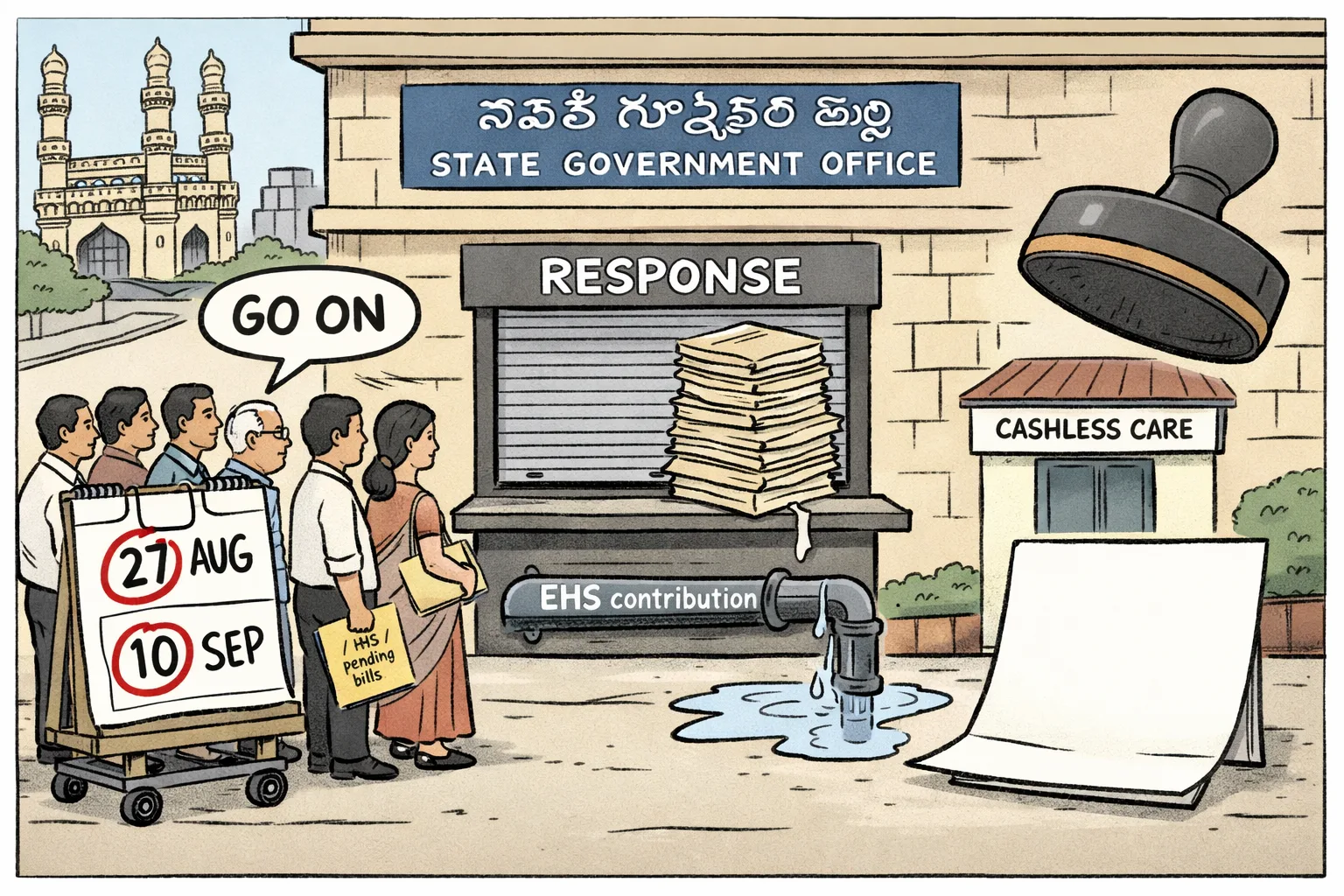 A queue of Telangana government employees stands beside a calendar marked 27 August and 10 September outside a government office, while a locked response counter, leaking EHS pipe and blank official file dominate the scene.