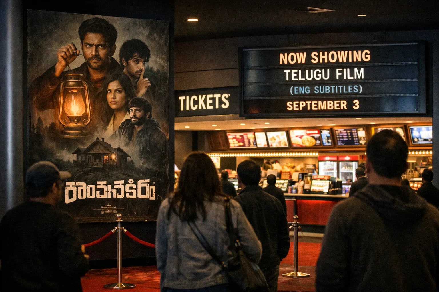 A cinema foyer with a large Romanchakam film poster beside a digital board advertising a Telugu film with English subtitles and a September 3 screening.