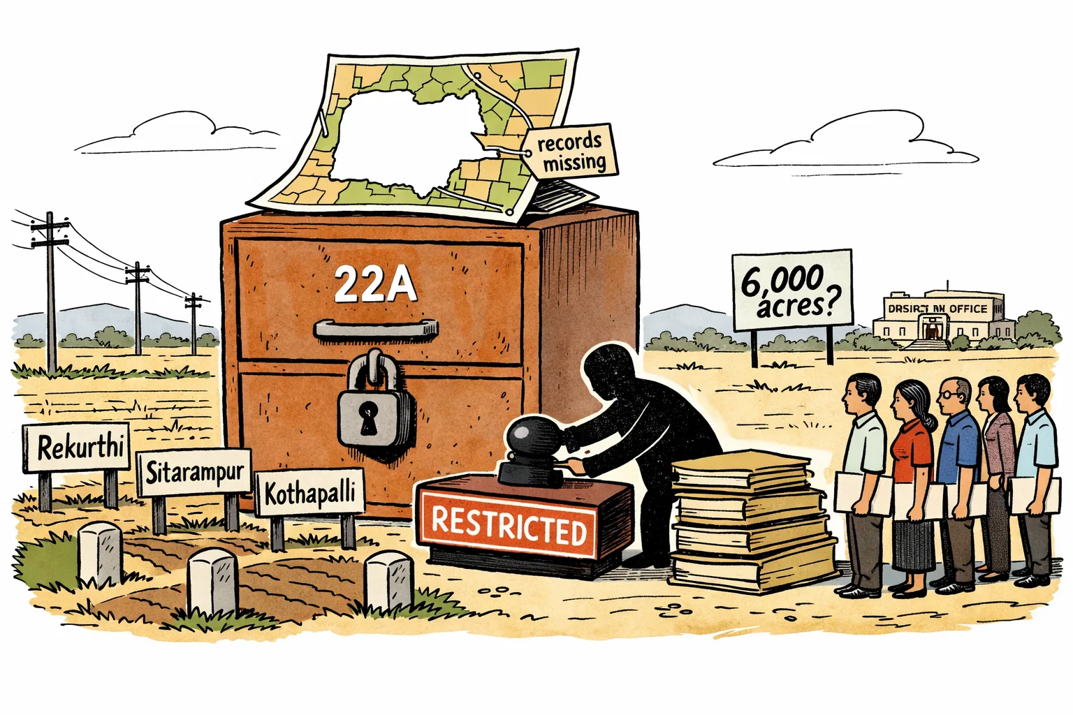 A giant locked filing cabinet marked 22A blocks four named Karimnagar fields, while a blank land map and empty folders sit beside a restriction stamp.
