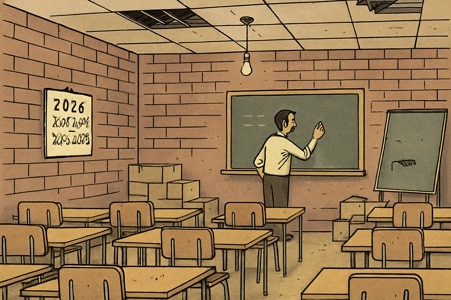 Interior of an empty college classroom with rows of unoccupied desks facing a blackboard. A solitary instructor stands teaching to no one. The room has exposed brick walls, incomplete ceiling, and unopened equipment boxes in the corners. A calendar on the wall shows multiple years crossed out.