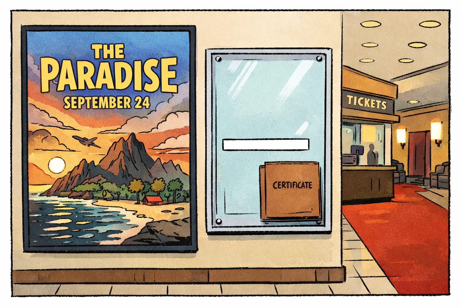 A cinema foyer display shows a poster for The Paradise announcing September 24 beside a closed file labelled certificate and an empty noticeboard slot.