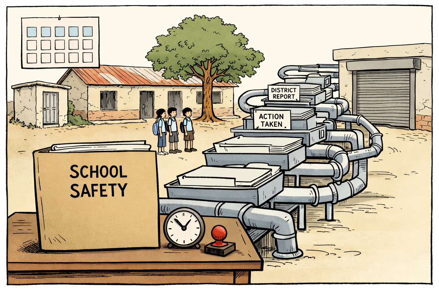A worn Telangana government-school building with a damaged tin roof and unusable toilet block stands behind a desk where a school-safety file disappears into a long maze of government filing trays while a calendar shows six blank months.