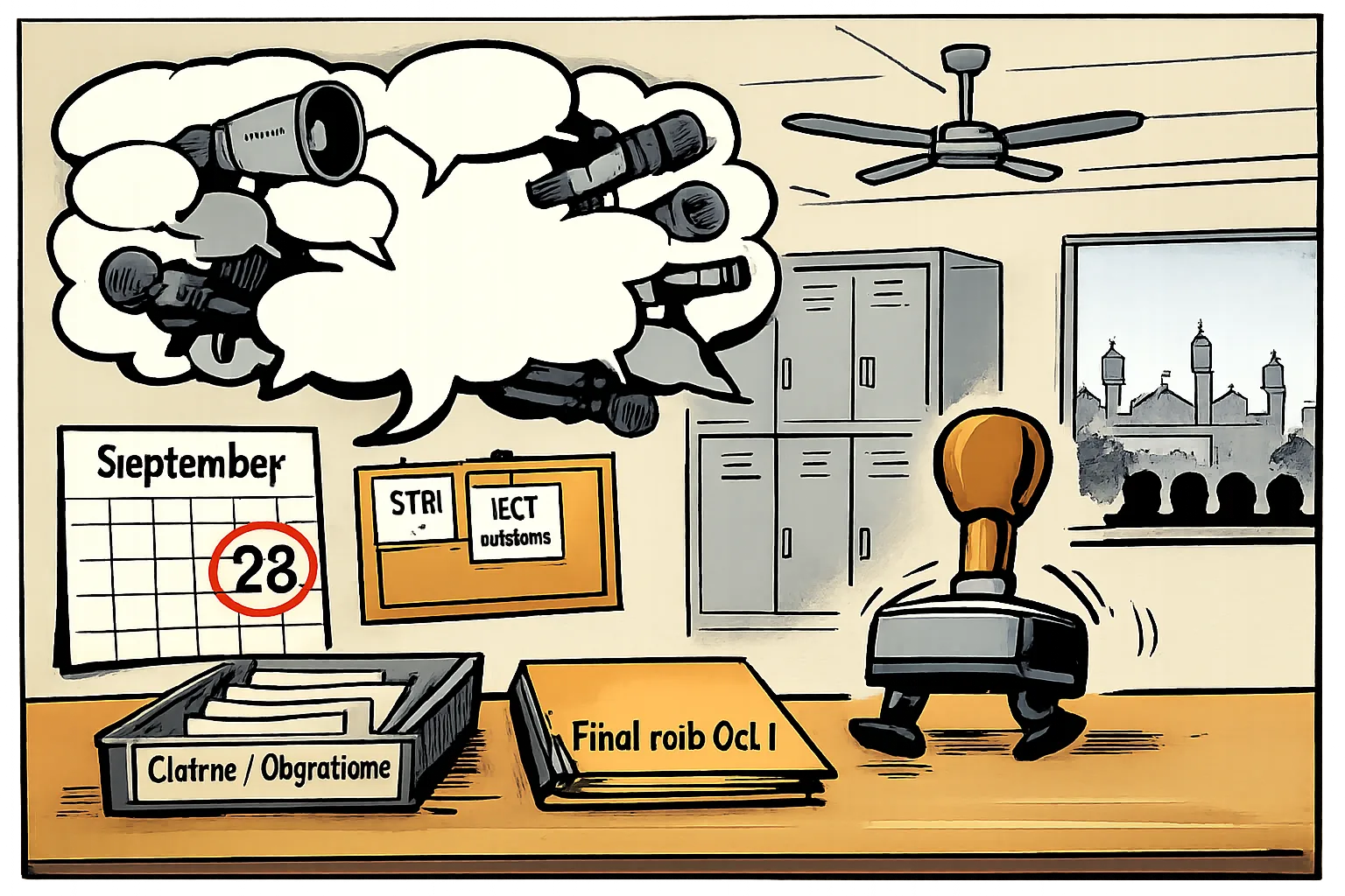 A Hyderabad election-office desk with a September 28 deadline calendar, claims forms and an October 1 final-roll file, beneath a large cloud of microphones and speech bubbles.