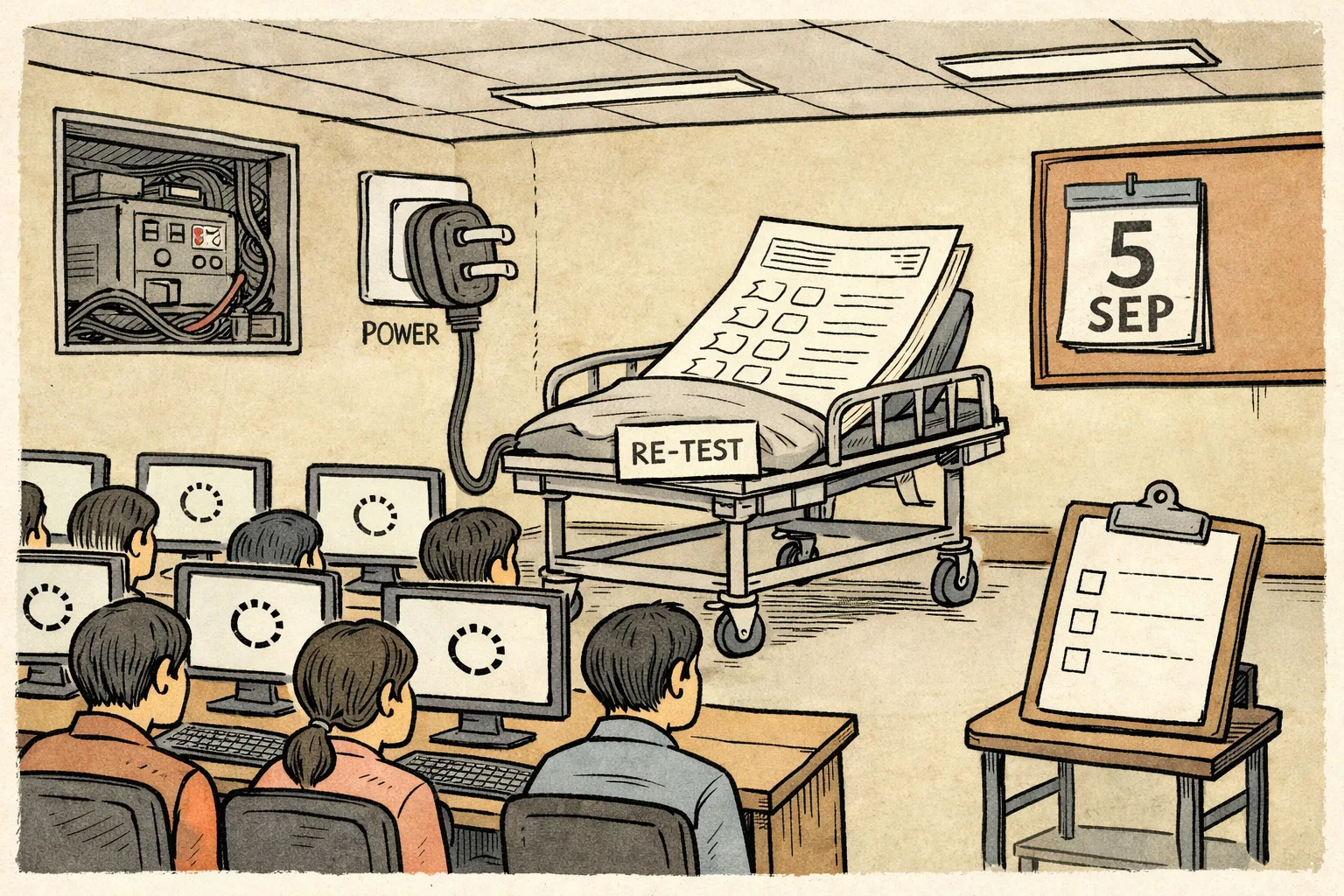 Anonymous medical-exam candidates sit at blank computer terminals in an examination hall while a giant plug hangs beside a noticeboard marked 5 SEP and a clipboard with empty safeguards and accountability checkboxes.