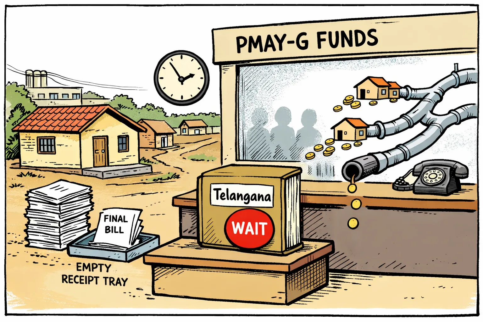 A completed rural Telangana house and an unpaid file wait outside a closed PMAY-G funds counter, while a pipe sends coins through branches toward houses in 12 other states and Telangana’s branch is capped.