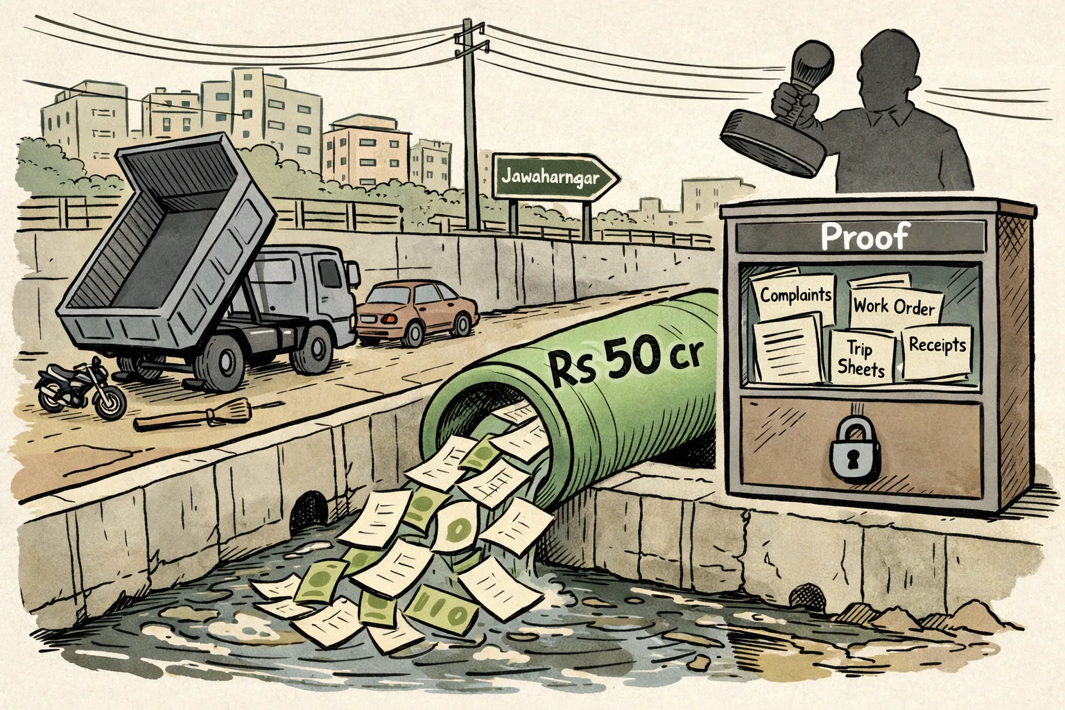A giant ledger marked Rs 50 crore flows into a Hyderabad storm drain beside an empty desilting truck, while proof documents sit behind a locked records counter.