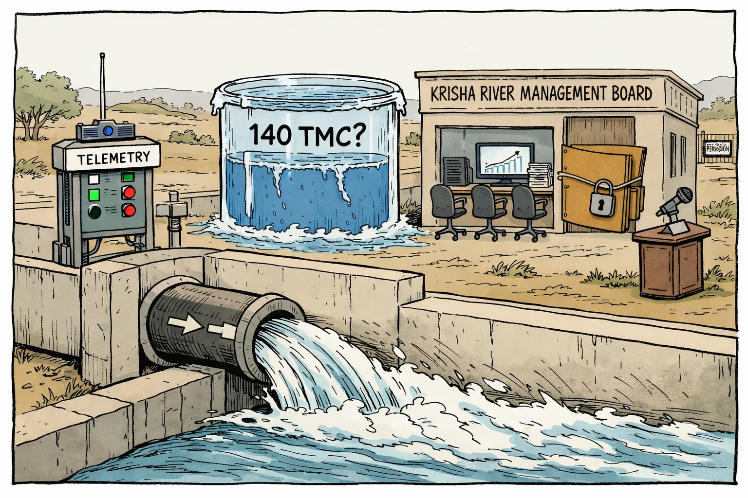 A telemetry station beside the Pothireddypadu canal records flowing water while a sealed river board office hides a discharge log marked with a question about 140 TMC.