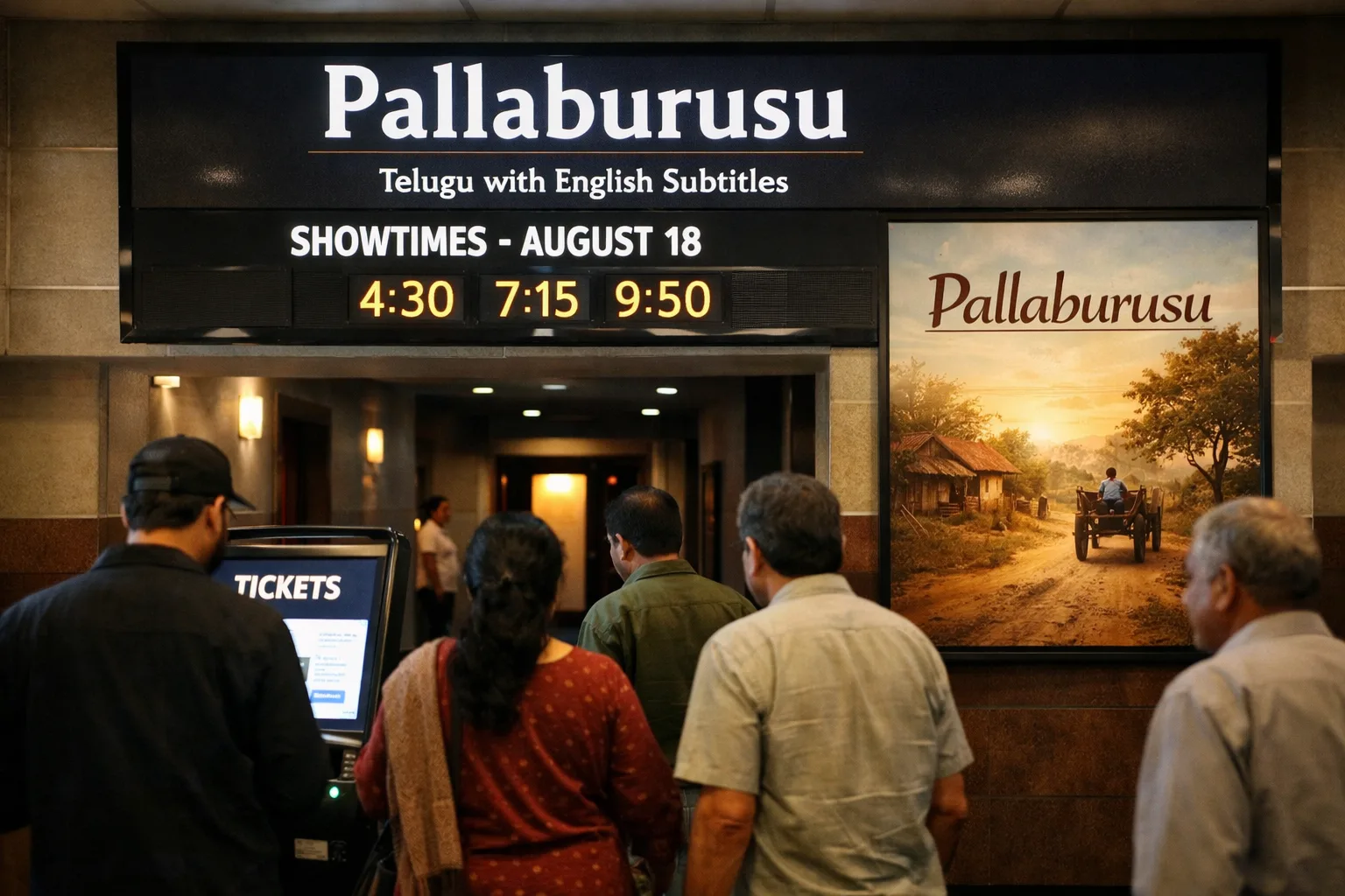 A US multiplex lobby displays Pallaburusu with Telugu audio and English subtitles on a digital showtime board.