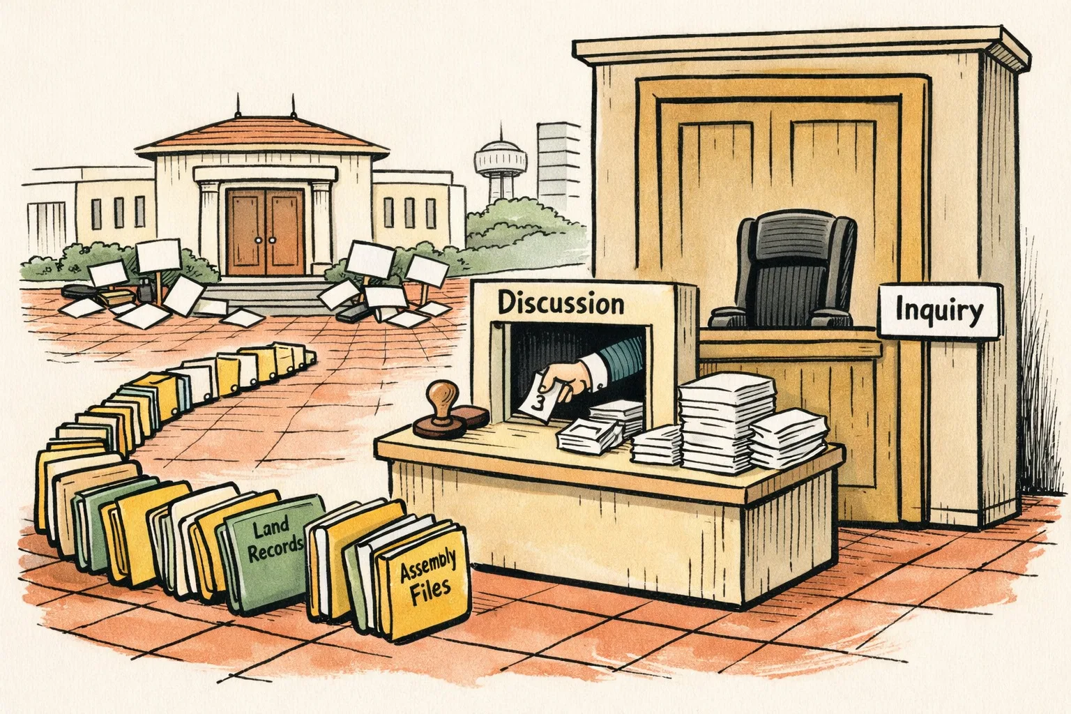 A vacant judge’s chair behind a large inquiry door stands beside a small discussion counter buried under land-record files, with a closed Assembly chamber in the background.
