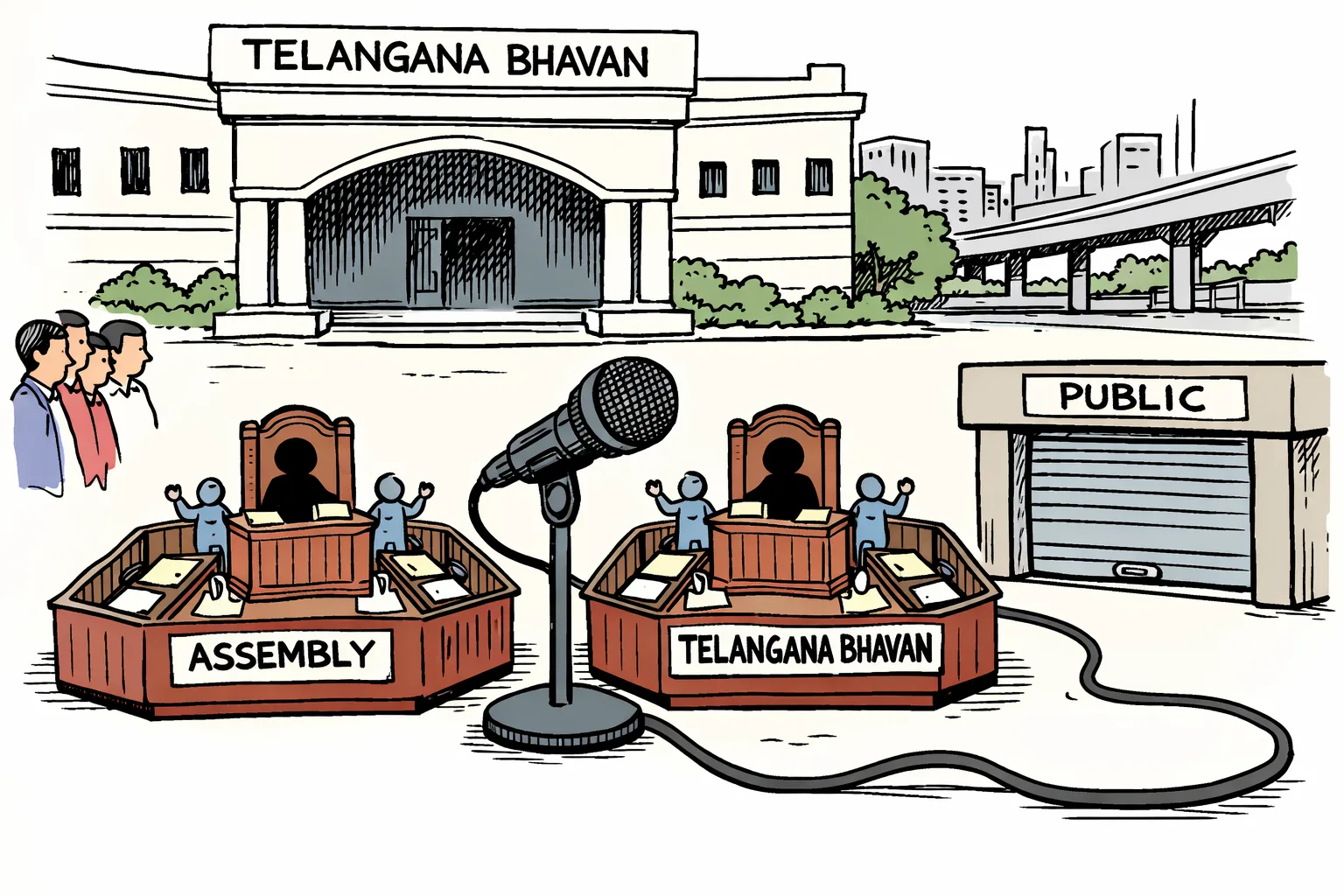 Two miniature legislative chambers outside Telangana Bhavan reach toward a single oversized microphone while anonymous citizens wait nearby.