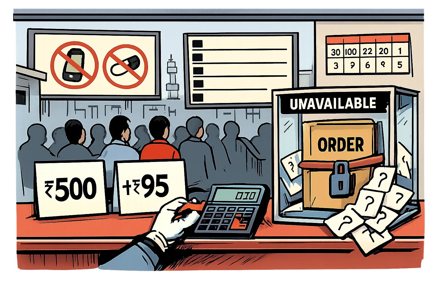 A Hyderabad cinema ticket counter shows oversized ₹500 and ₹95 tickets beside a calculator, while a locked government file marked “ORDER” sits in a cabinet labelled “UNAVAILABLE”.