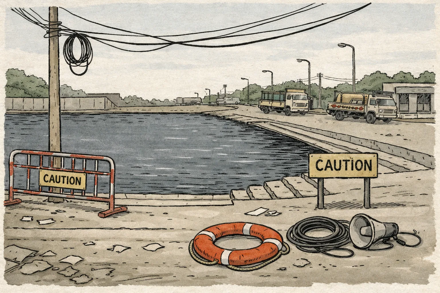 An empty immersion site beside dark water, with a rescue ring, a municipal barricade, a coiled loudspeaker cable and a sagging electrical line near concrete steps.