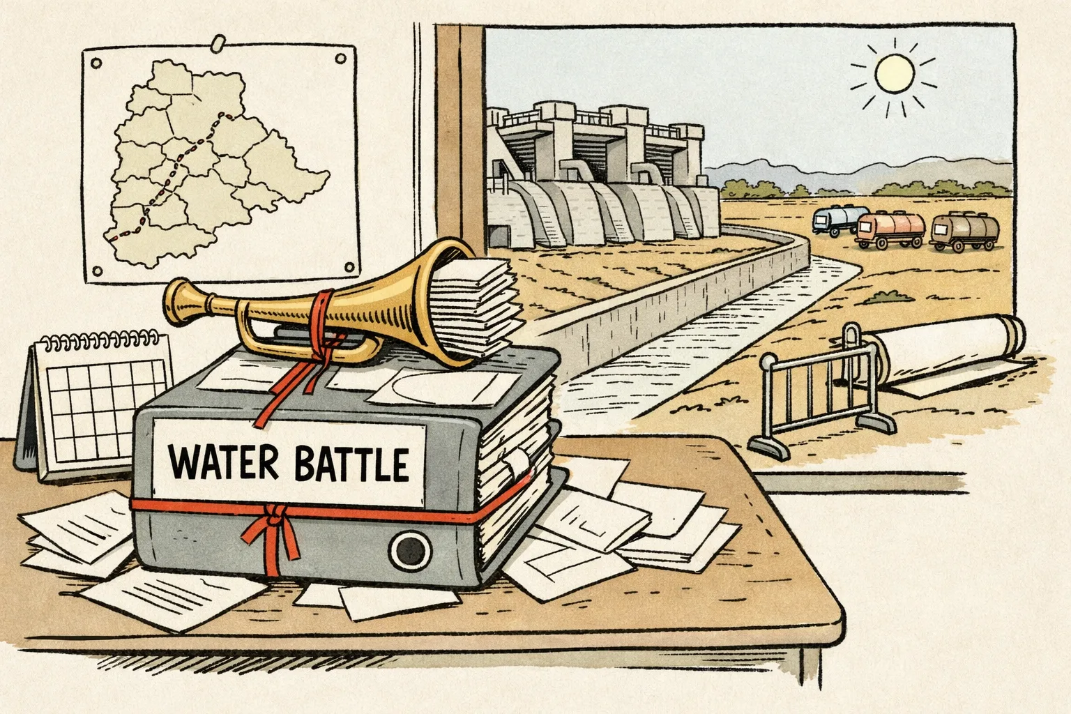 A tied government file labelled “WATER BATTLE” sits beside an empty calendar and an incomplete Telangana route map, with a dry irrigation canal visible outside.