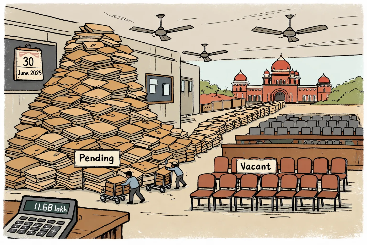 A huge mountain of court files clogs a Telangana court corridor leading toward a High Court building, while rows of empty chairs marked as vacant sit behind courtroom benches.