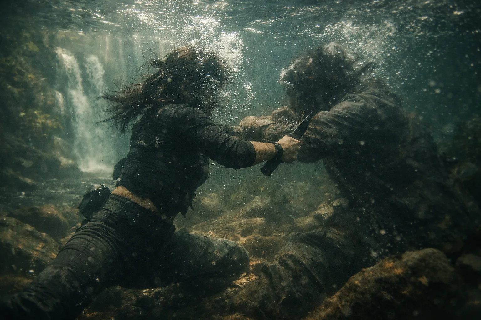 An unidentifiable female action performer struggles with an indistinct opponent underwater among rocks, bubbles and shafts of light.