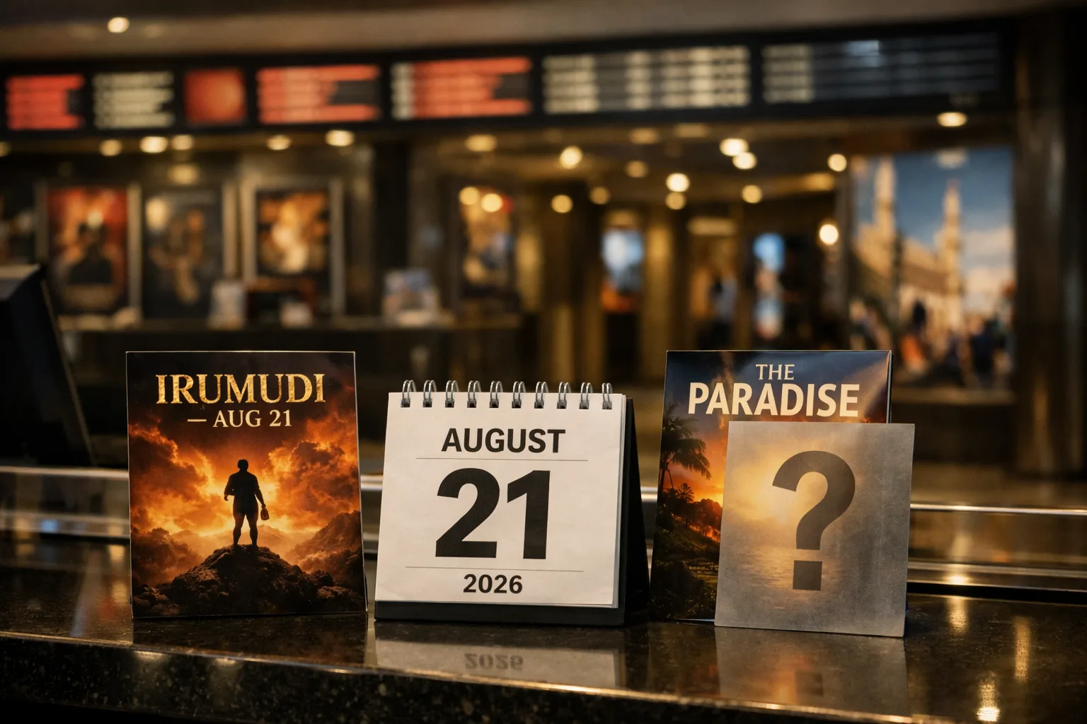 A photorealistic cinema lobby display shows two fictional film posters side by side, one marked August 21 and the other partly covered by a question-mark card, with a calendar and ticket counter in the foreground.