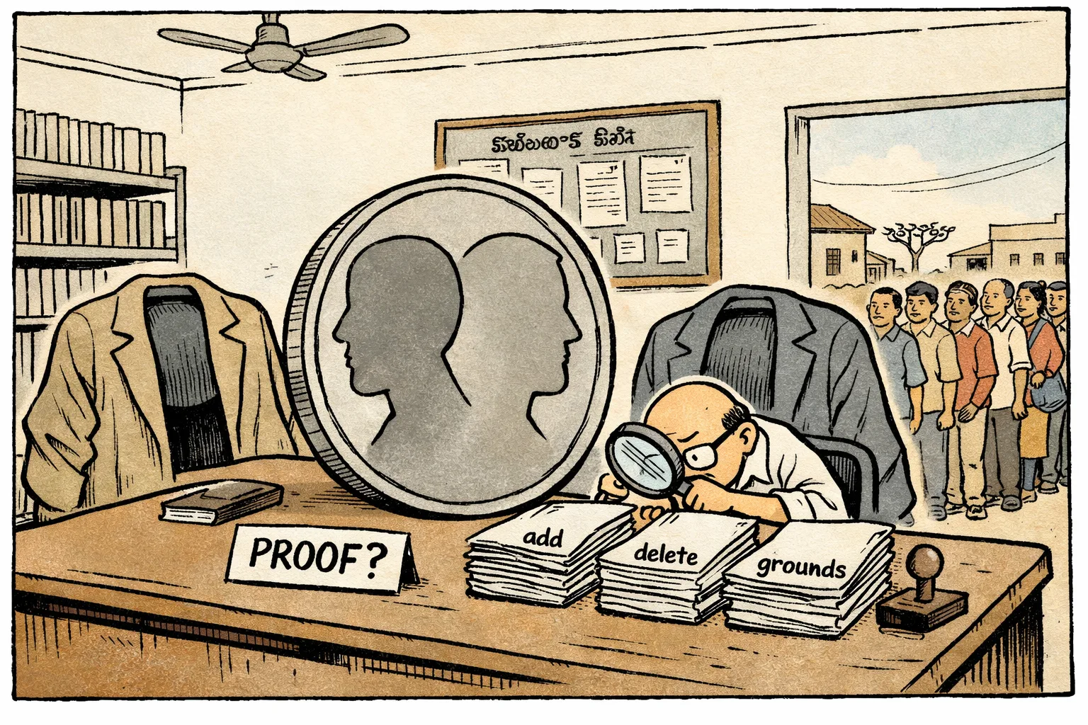 A Telangana electoral-roll desk shows a large coin between two party-coloured silhouettes, while a careful clerk checks stacks of voter forms beside a notice reading “proof”.