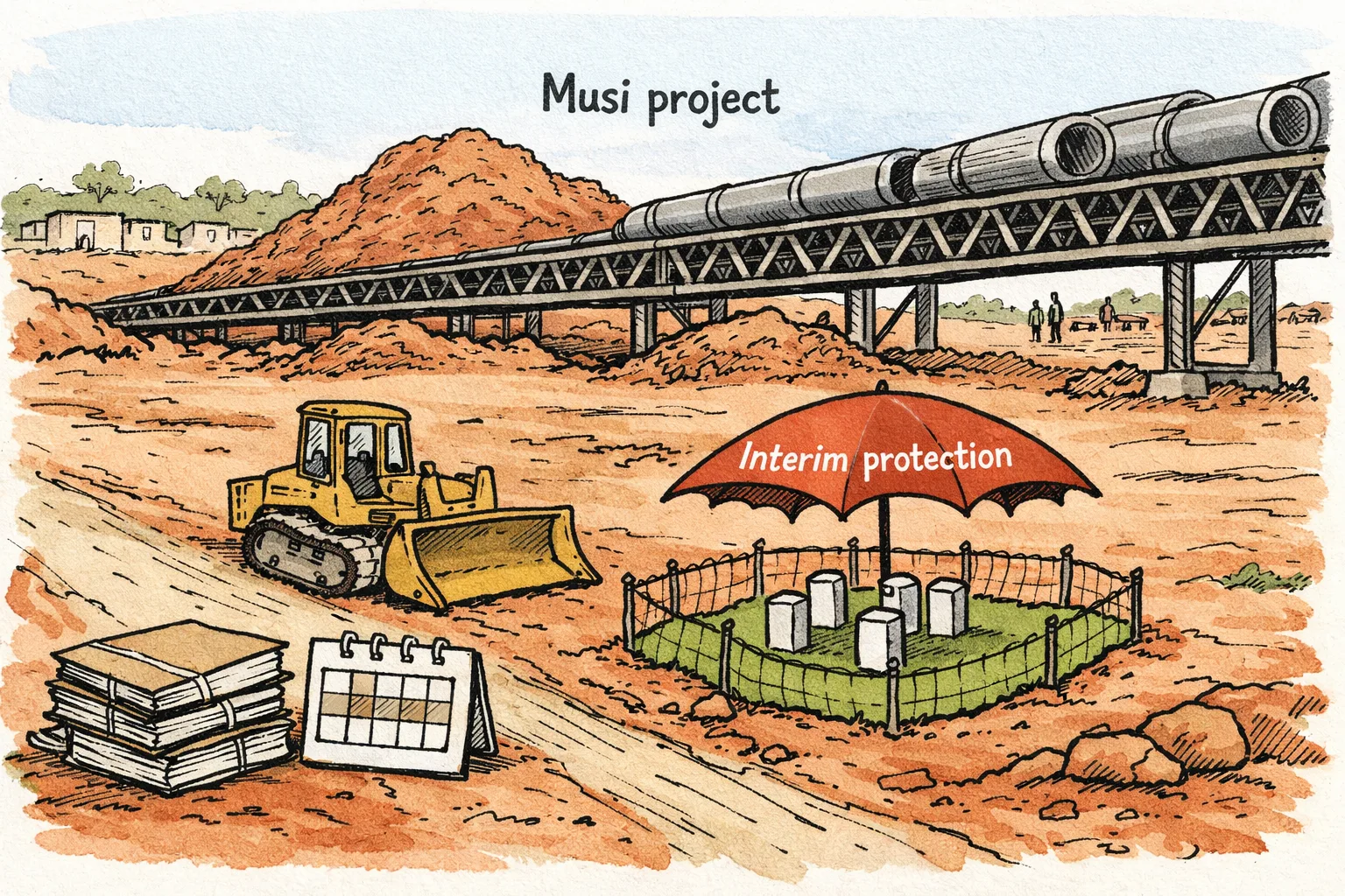 A large Musi project earthmoving operation continues beside a small fenced land parcel sheltered by an umbrella marked interim protection, with government files and a two-week calendar nearby.