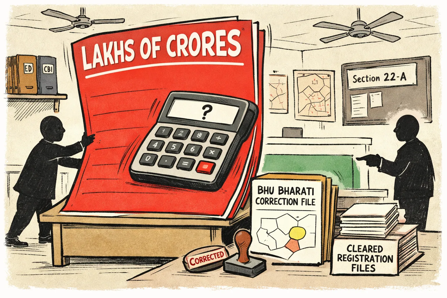A giant blank claim sheet marked “LAKHS OF CRORES” looms over a calculator, while a smaller Bhu Bharati correction file shows a large survey outline with two highlighted plots in a Telangana revenue office.