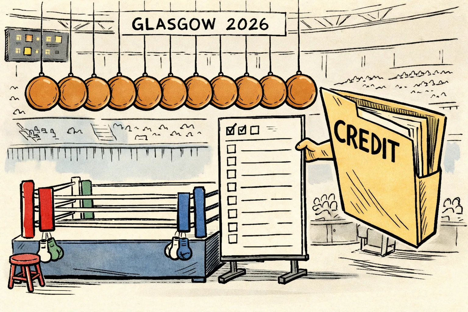 A boxing ring in a Glasgow arena with ten medal-shaped pads hanging above it, while an oversized government press-release folder reaches toward the ring and an official results board remains partly blank.