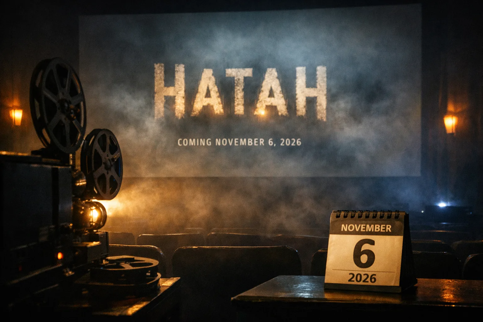 A dim cinema projector and film reels face a foggy screen with a November 6, 2026 calendar card in the foreground.