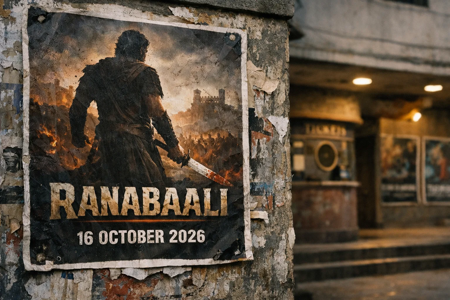 A Ranabaali release poster dated 16 October 2026 is pinned outside a Hyderabad cinema with a closed ticket window behind it.