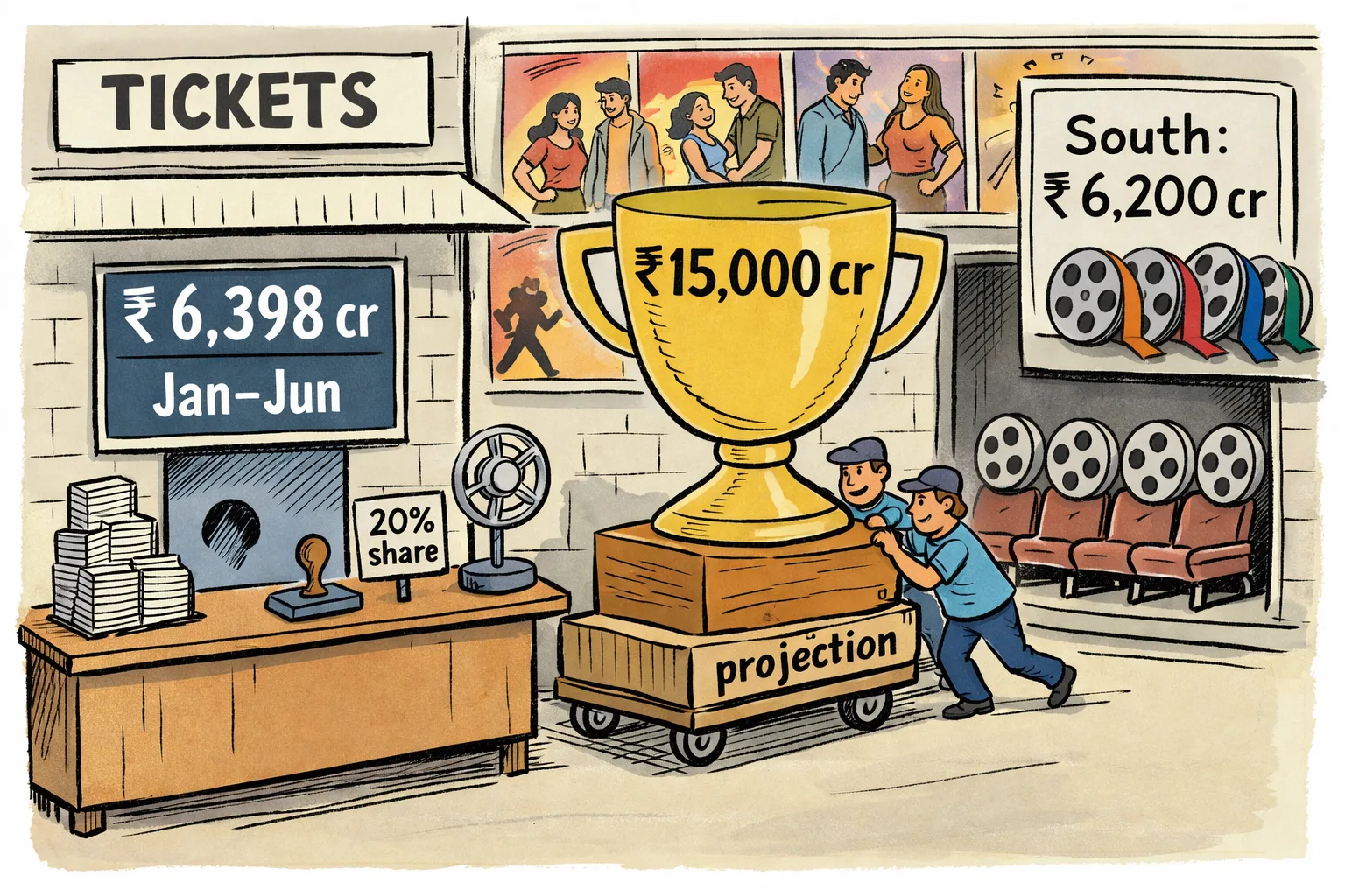 A cartoon outside a Hyderabad cinema shows a ₹6,398 crore box-office scoreboard and a 20% share sign, while an oversized ₹15,000 crore projection trophy is still being wheeled toward the theatre.