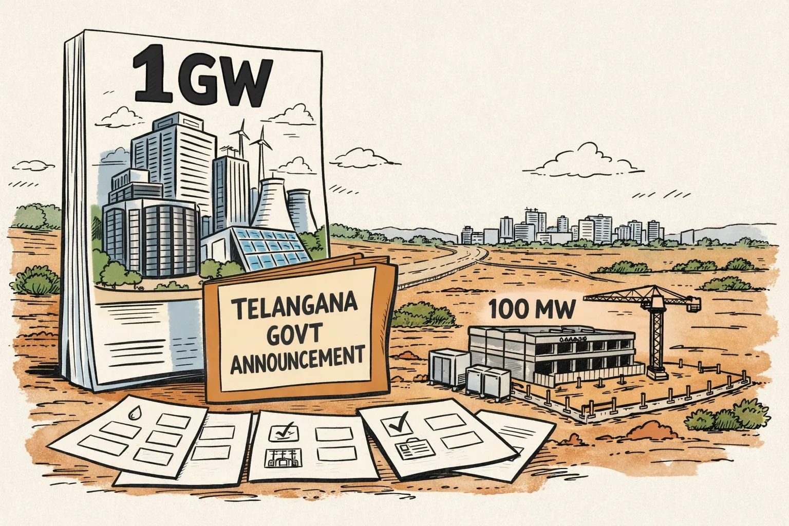 A towering 1-GW data-centre campus appears on a presentation board beside a much smaller 100-MW construction site and a pile of blank project forms in a Hyderabad landscape.