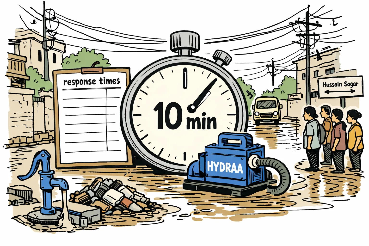 A cartoon of a rain-flooded Secunderabad street with a giant ten-minute stopwatch beside a pump and a blank response-times clipboard.