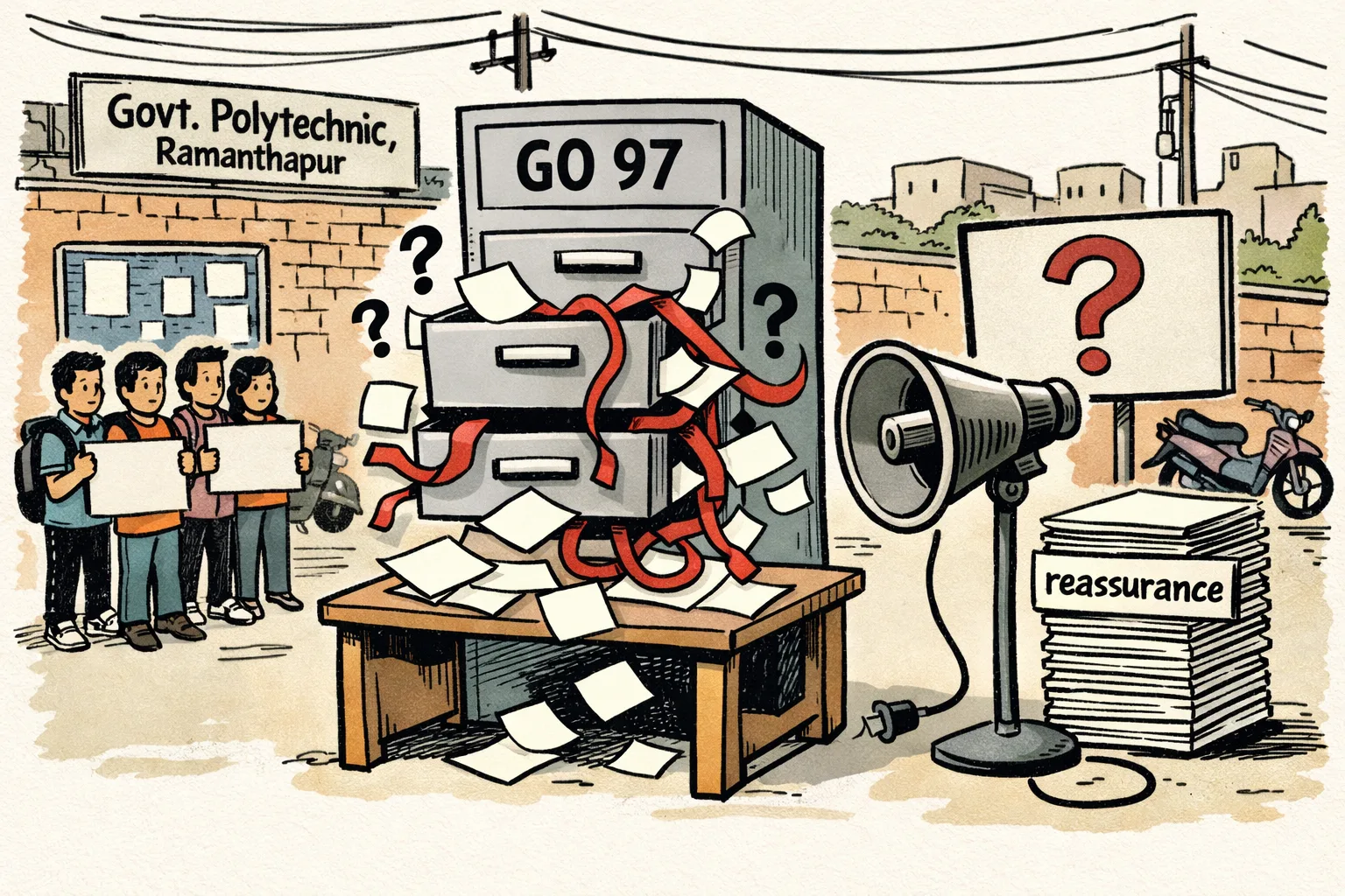 A giant filing cabinet marked GO 97 stands outside a polytechnic campus between concerned students and an unplugged government loudspeaker, with blank forms and tangled red tape spilling from its drawers.